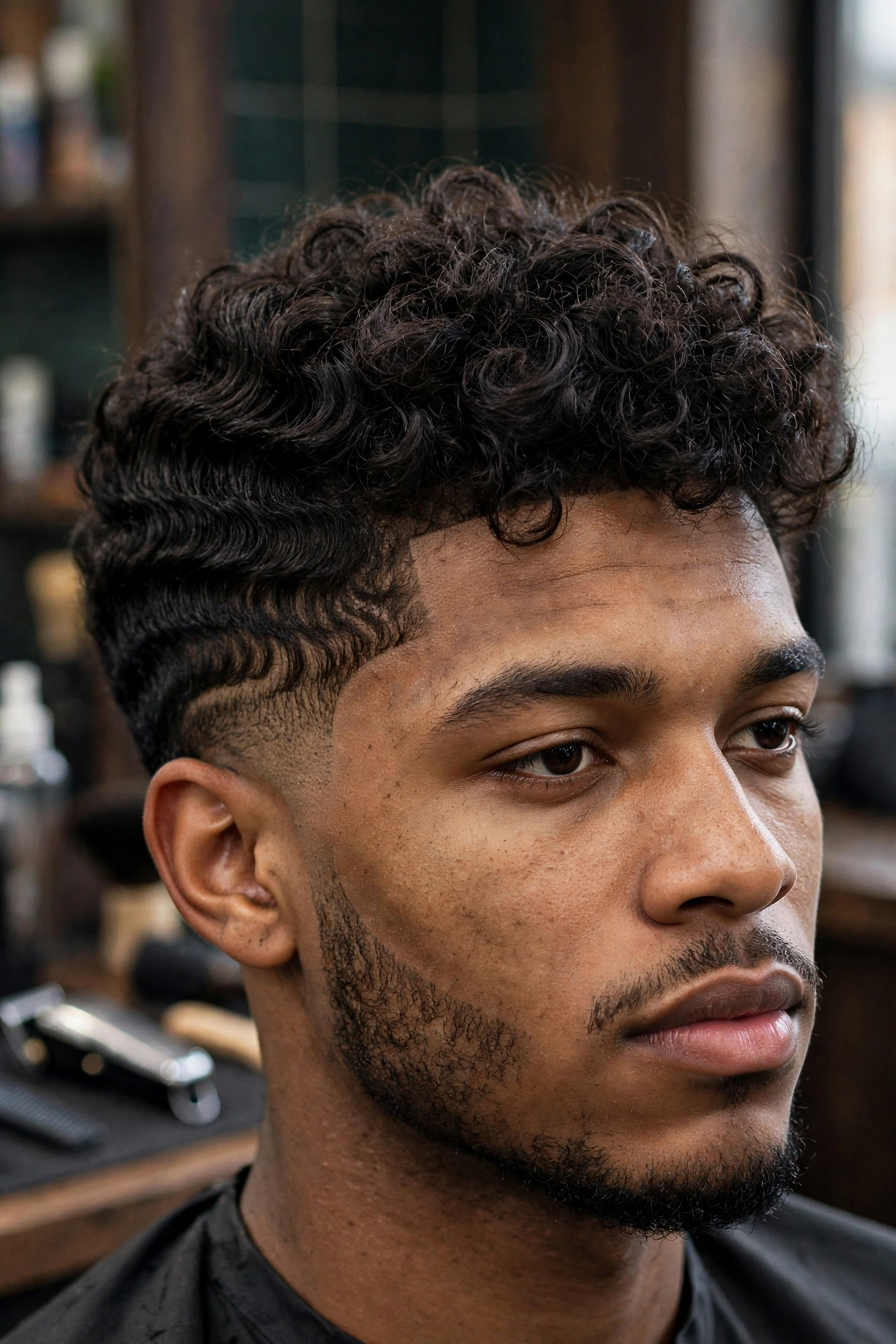 360 waves blended into curly textured top, hybrid style, barbershop photography