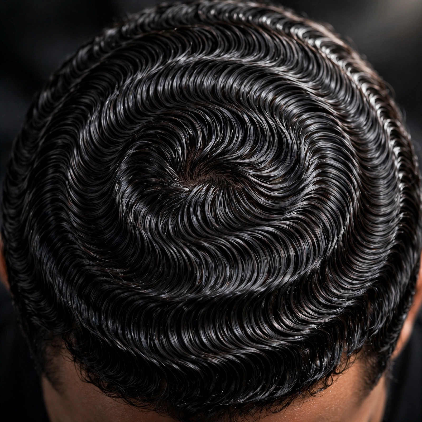 360 waves with deep jet black color boost, glossy ripple pattern, premium photography