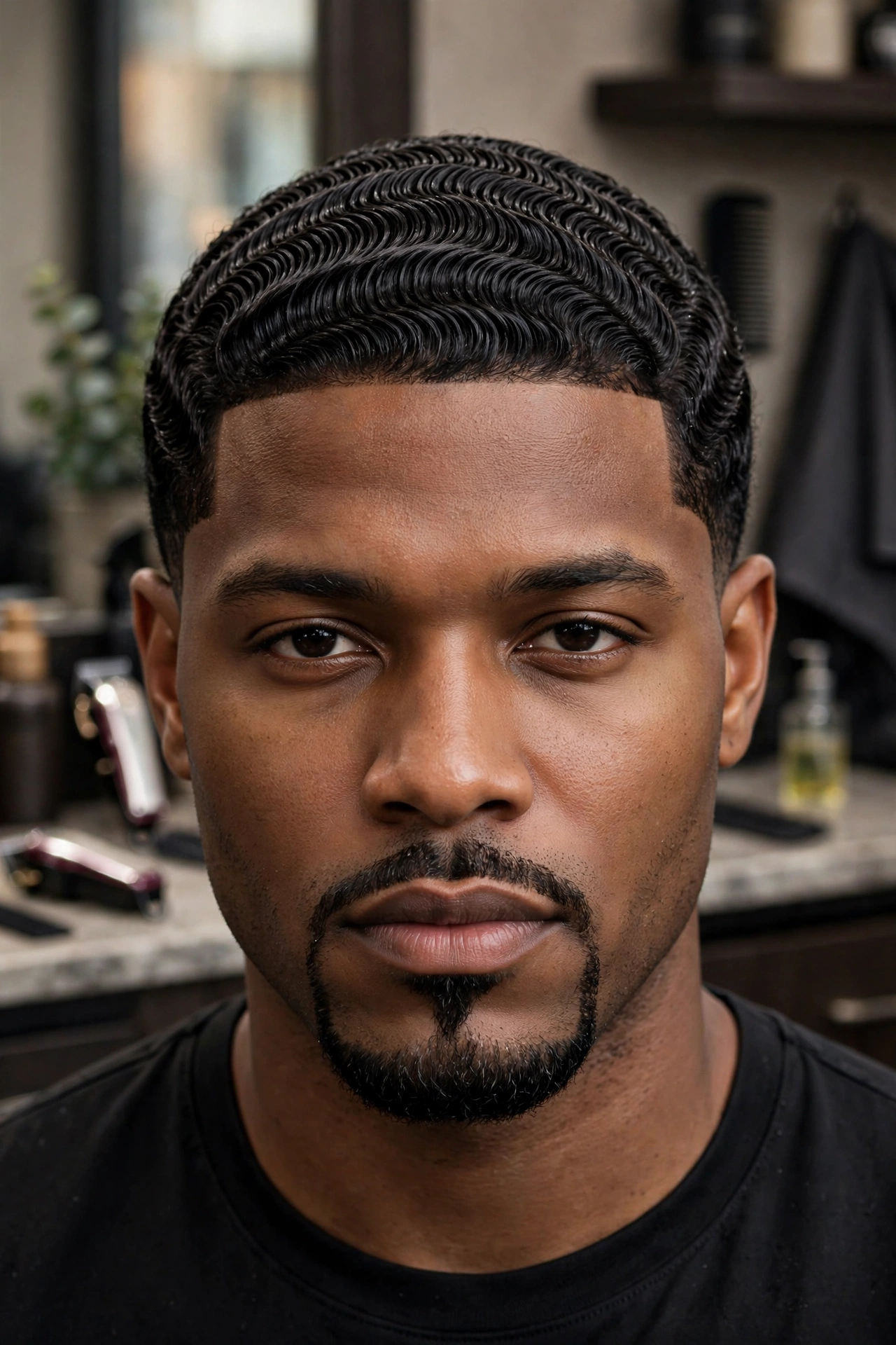 Man with 360 waves and sharp goatee, clean defined look, barbershop portrait