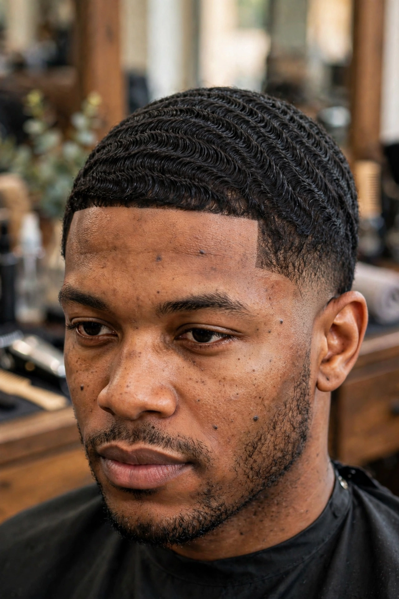 360 waves with subtle shadow fade, natural full sides, barbershop photography