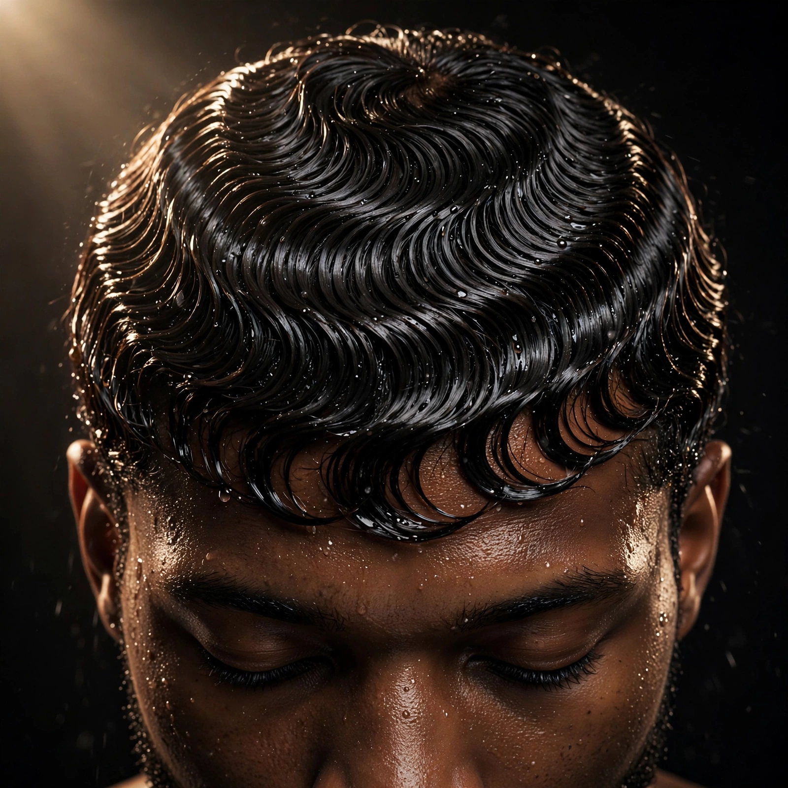 Wet-look glossy 360 waves with high shine, dramatic lighting, premium photography