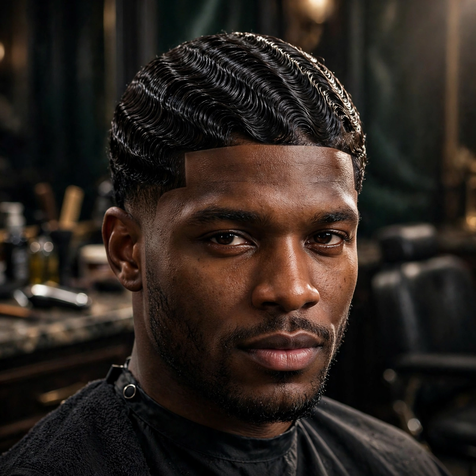 Stylish man with 360 waves and low taper fade walking in city street, lifestyle photography