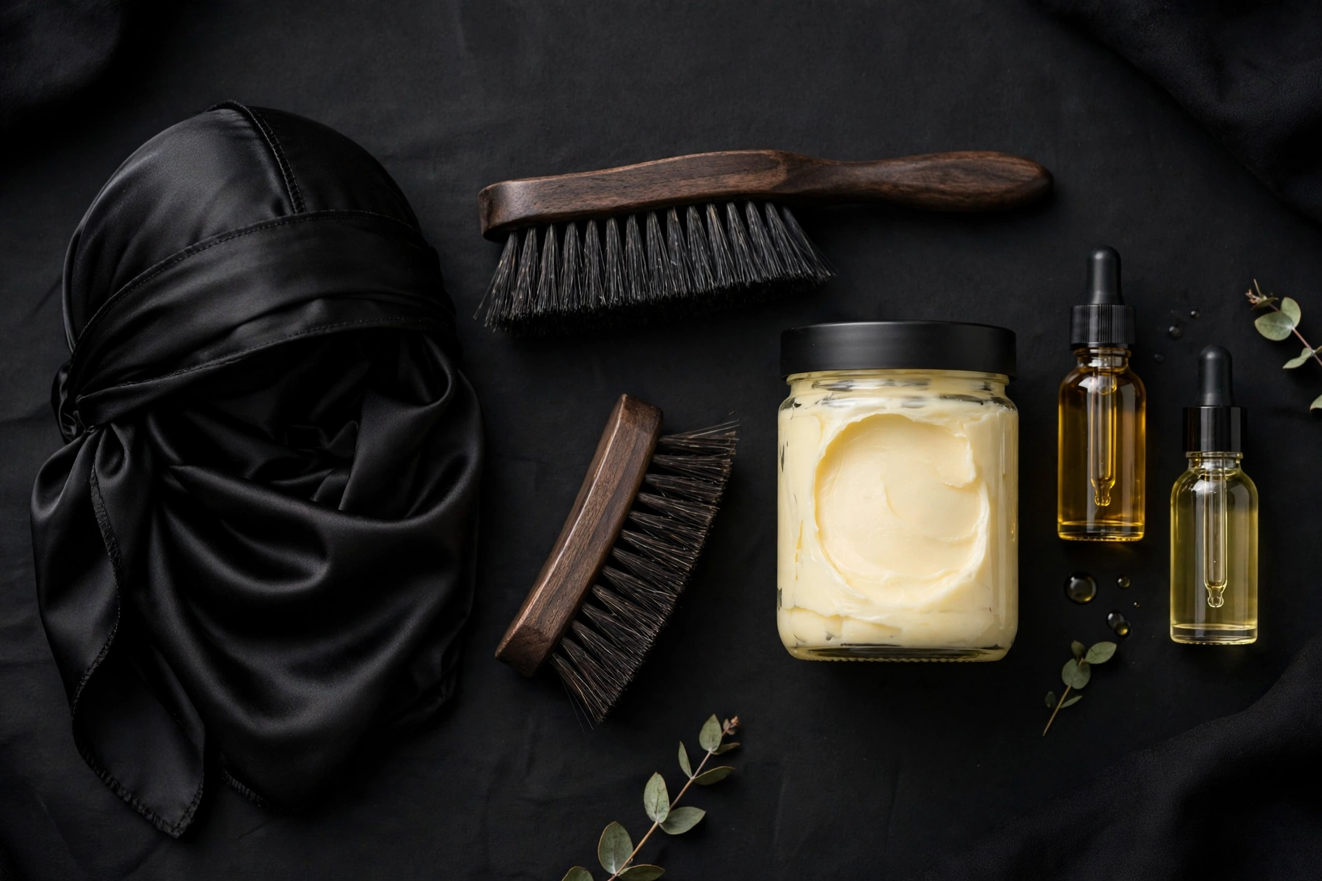 Wave maintenance kit flat lay - brushes, durag, wave butter, oils on dark background