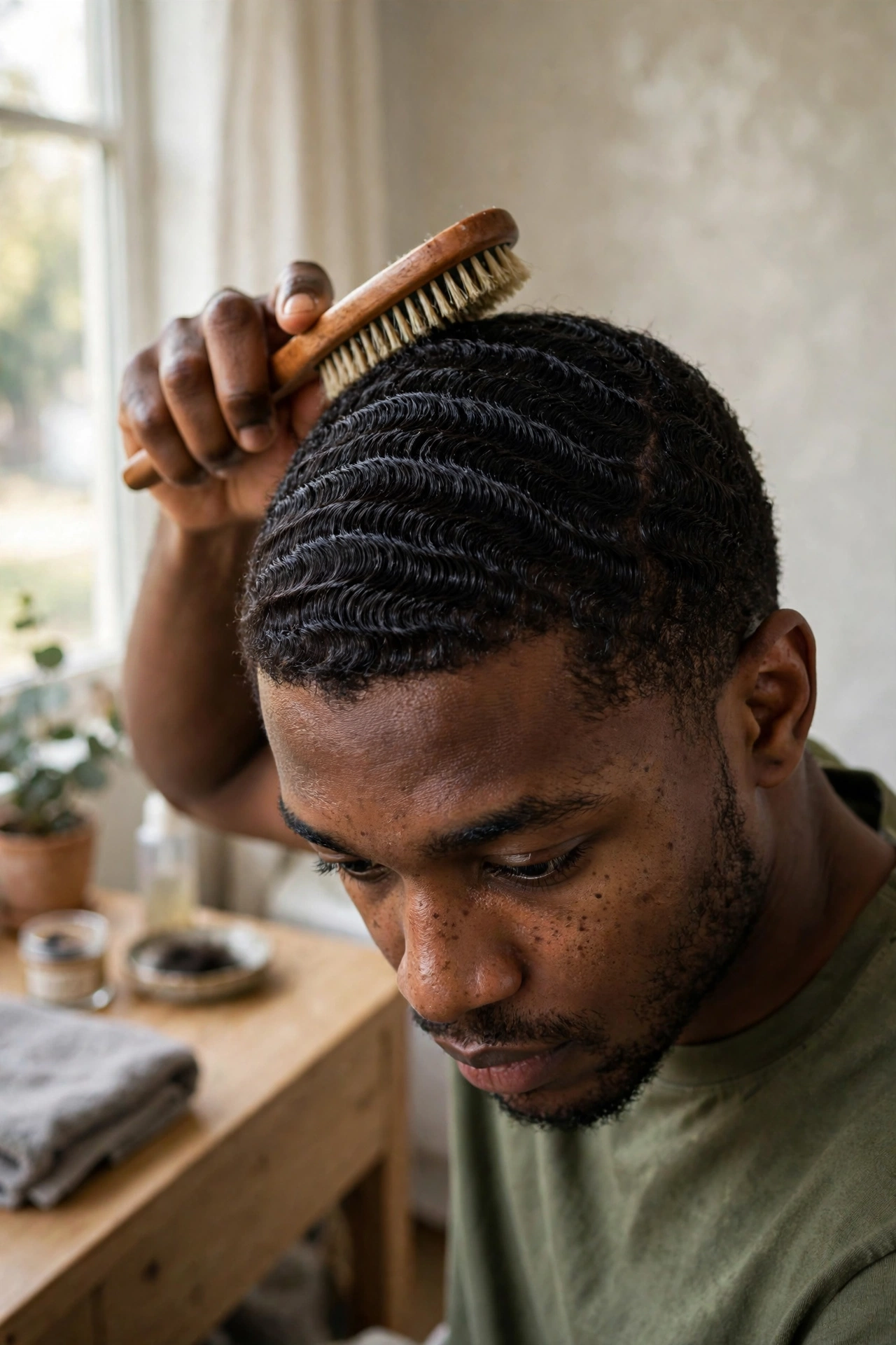 Man brushing his 360 waves at home with a wave brush, grooming routine photography