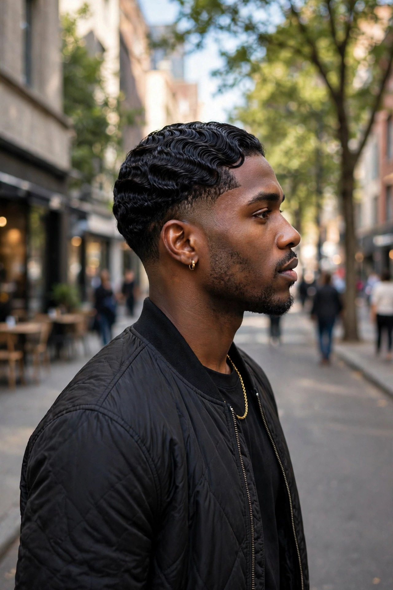 Top-down view showing the full circular 360 waves ripple pattern around the crown of a man's head