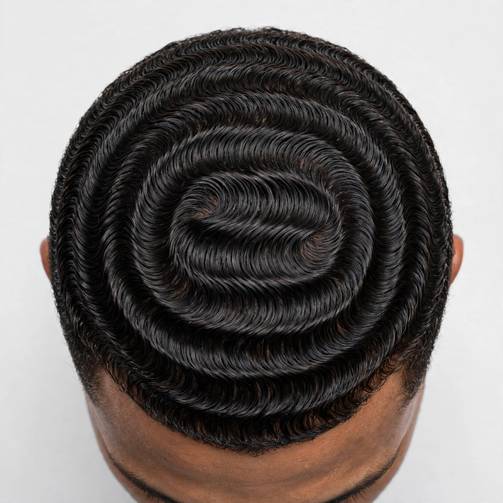 Hero shot of a man with deep spinning 360 waves, three-quarter angle, barbershop lighting, hair as the hero