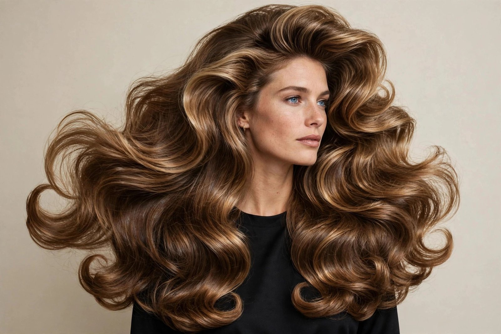Woman with voluminous 90s supermodel blowout, big bouncy layers with glossy shine