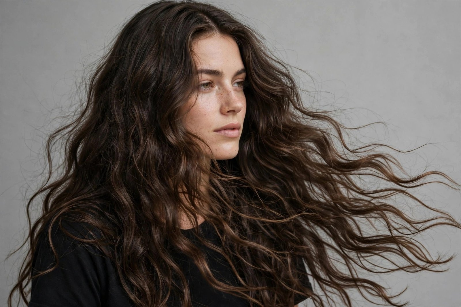 Woman with soft 90s grunge waves, middle part, undone textured long hair