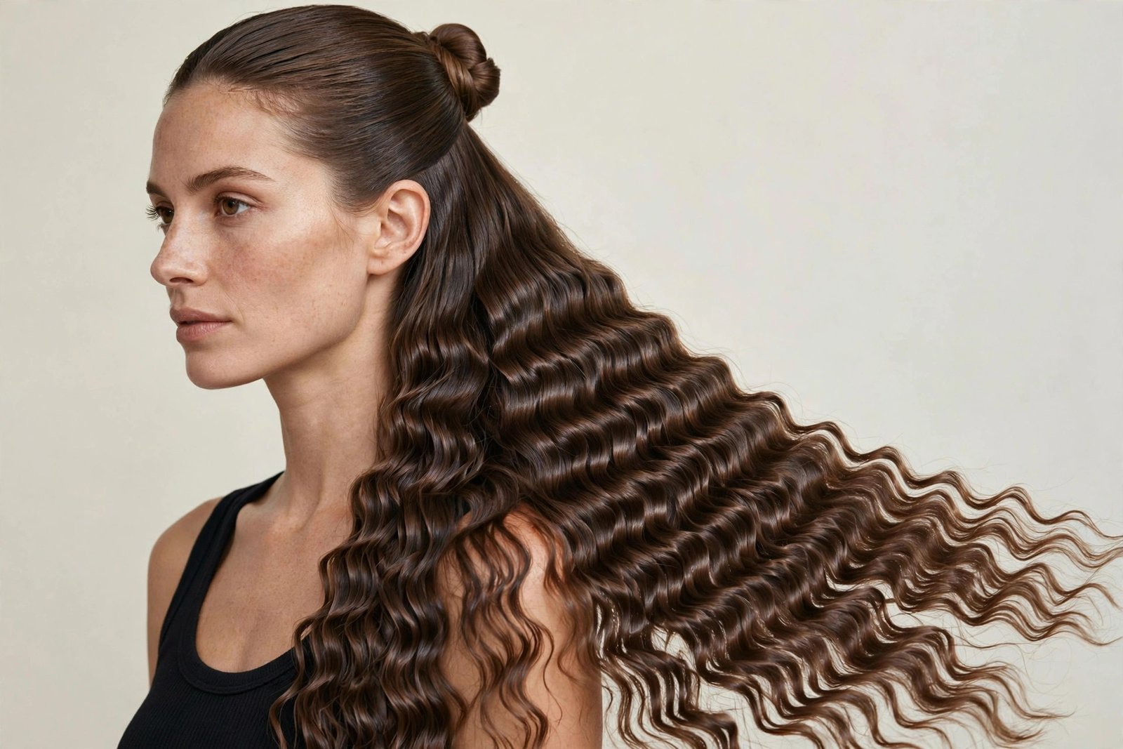 Woman with modern crimped hair texture, soft zigzag waves with glossy finish, 90s inspired