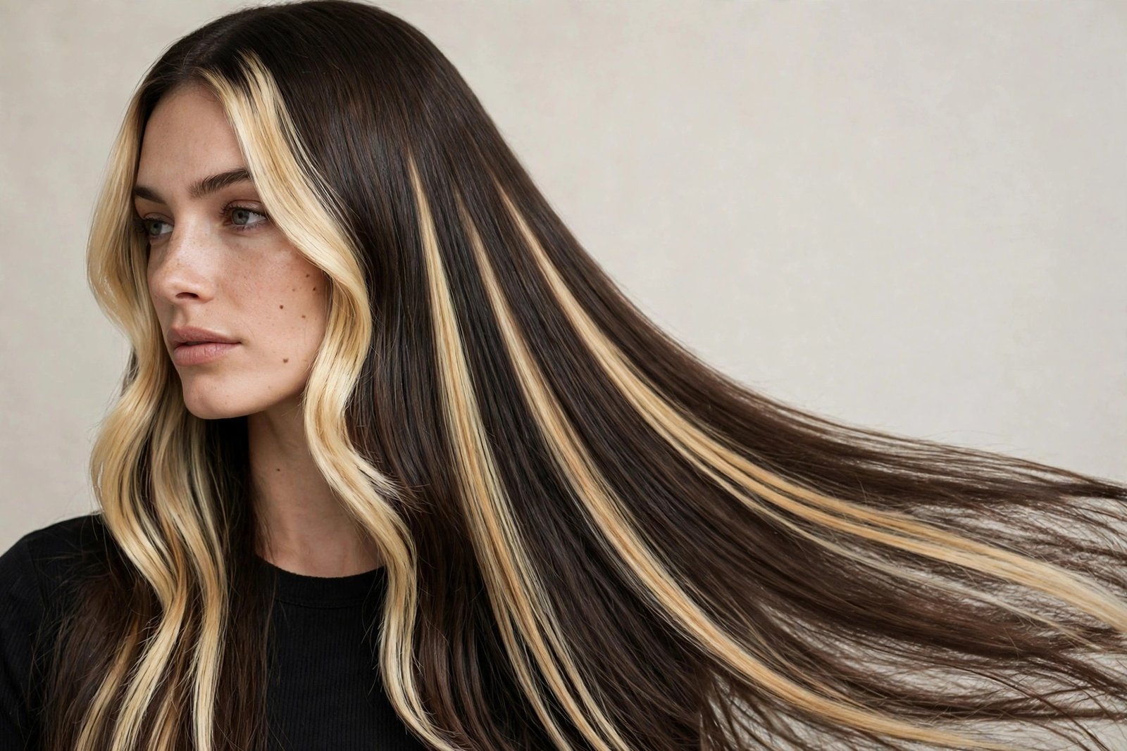 Woman with modern chunky highlights, bold face-framing blonde pieces on dark hair, 90s inspired color
