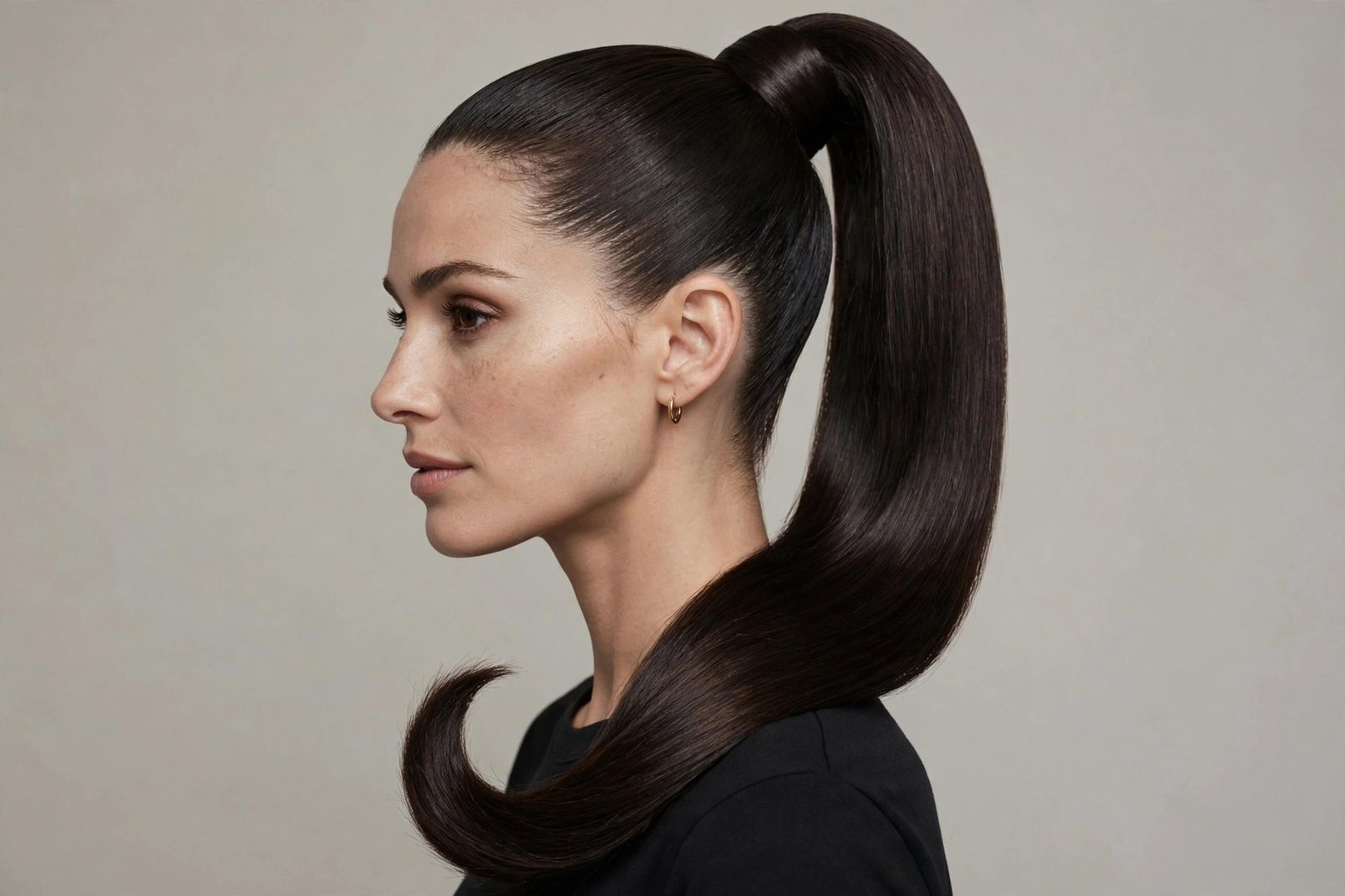 Woman with high sleek 90s ponytail, smooth crown and long straight pony, editorial hair photography