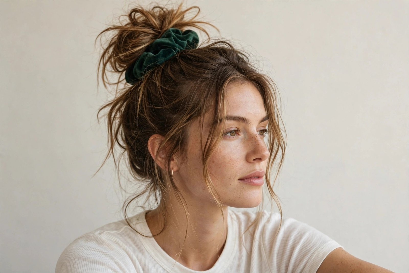 Woman with 90s scrunchie top knot, high messy bun with velvet scrunchie, casual editorial hair photography