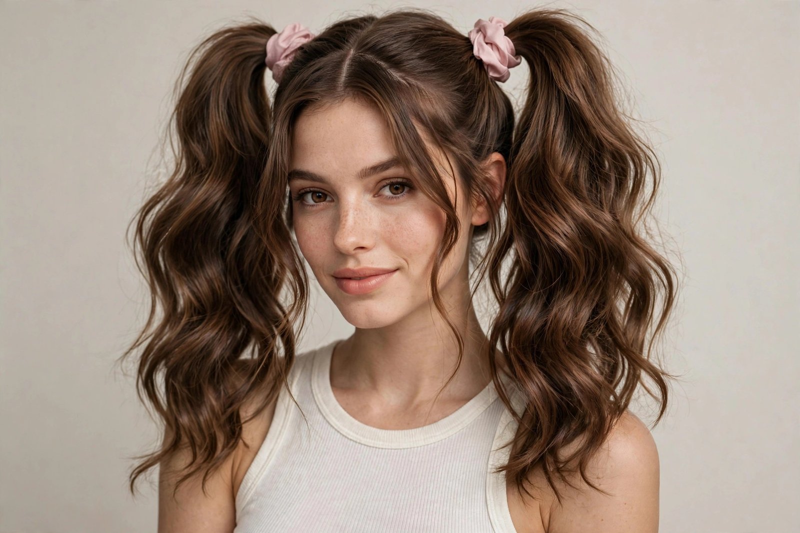 Woman with 90s-inspired twin pigtails, high playful pigtails with soft waves, editorial hair photography