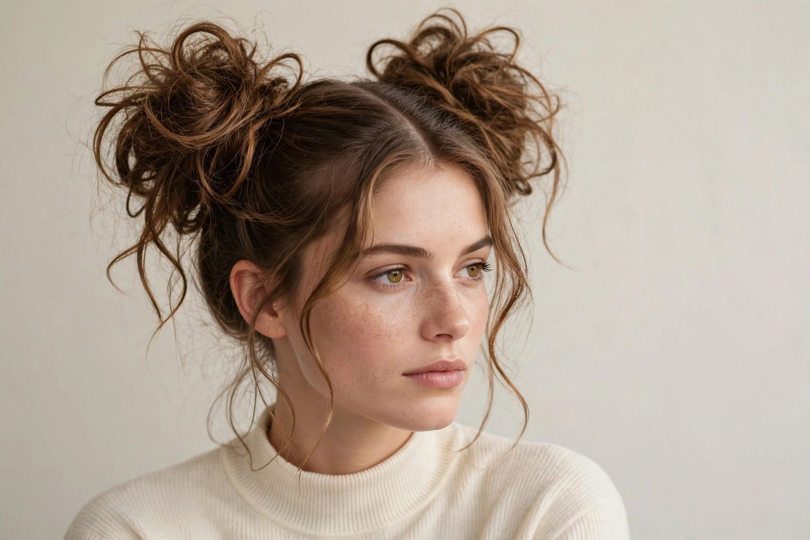 Woman with 90s space buns, double high buns with loose texture, festival-ready editorial hair photography