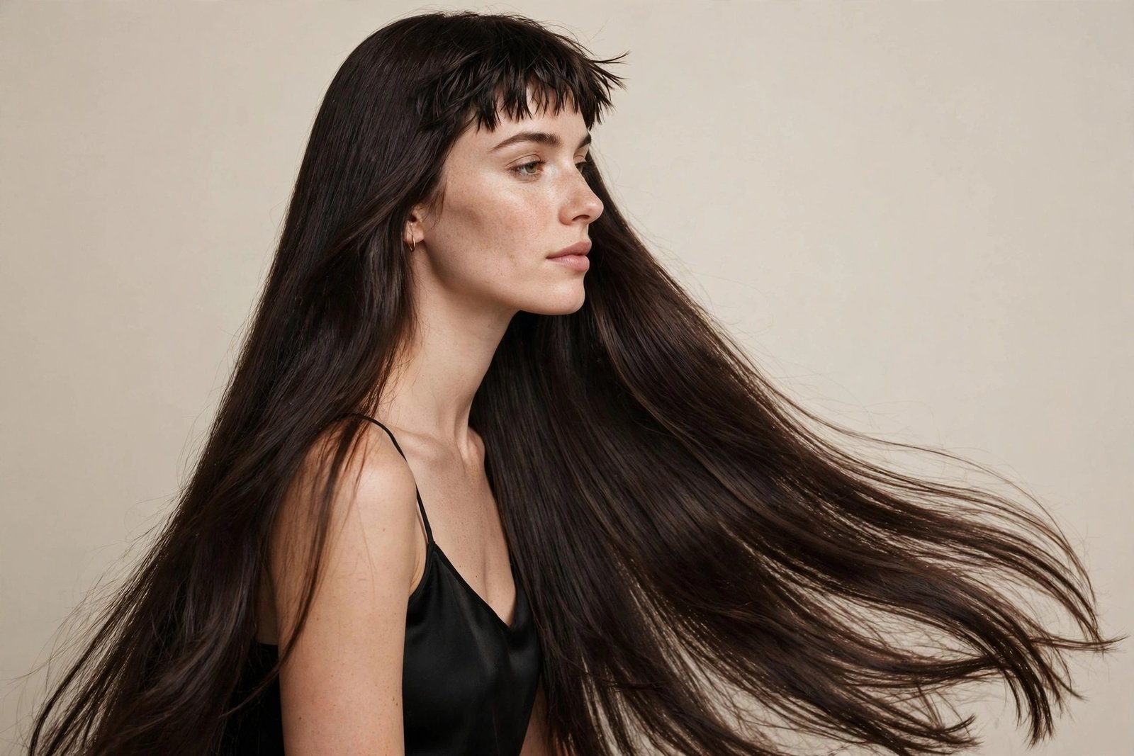 Woman with 90s baby bangs, short micro fringe with long textured hair, editorial hair photography