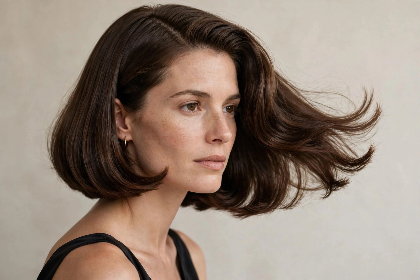 Woman with 90s flicked bob, chin-length bob with flipped-out ends, sleek editorial hair photography