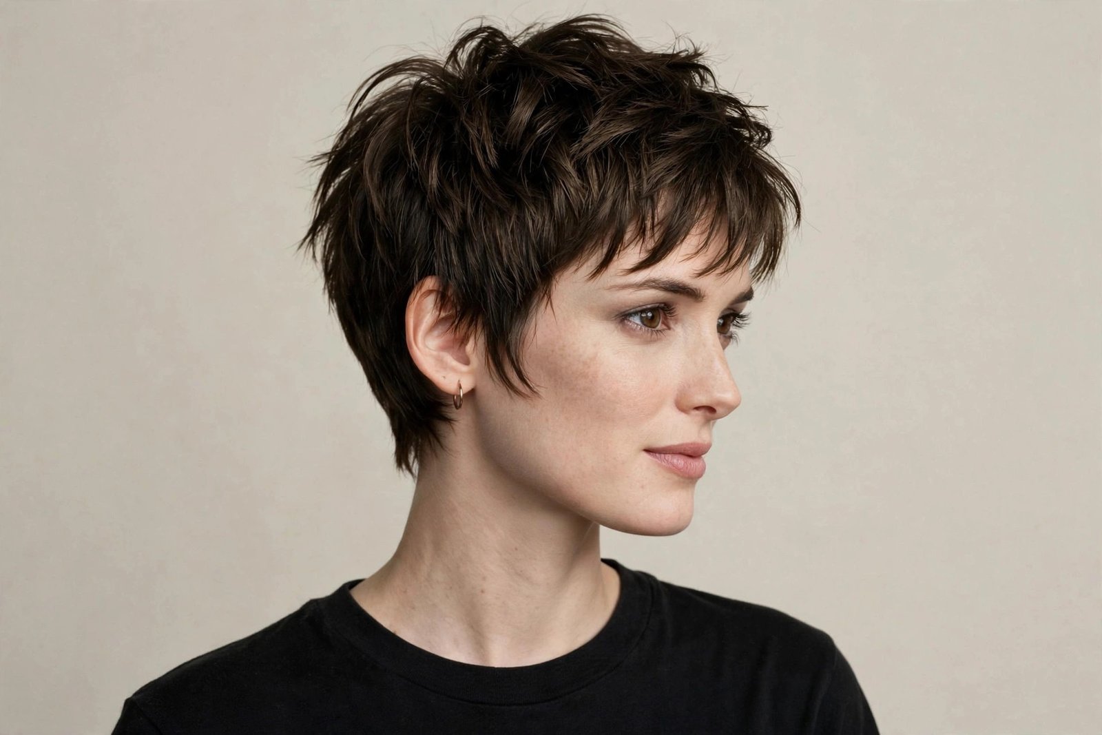 Woman with 90s Winona Ryder inspired pixie cut, textured short crop with soft fringe, editorial hair photography