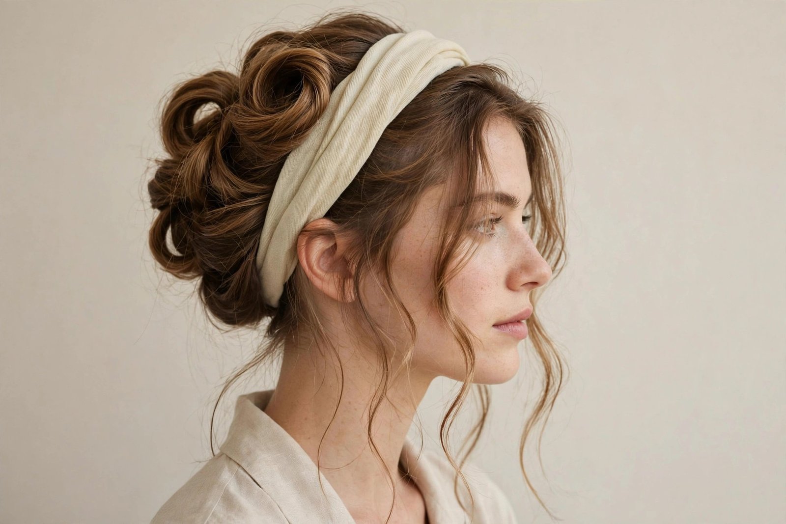 Woman with 90s headband hairstyle, hair tucked around a fabric headband, soft romantic updo, editorial hair photography