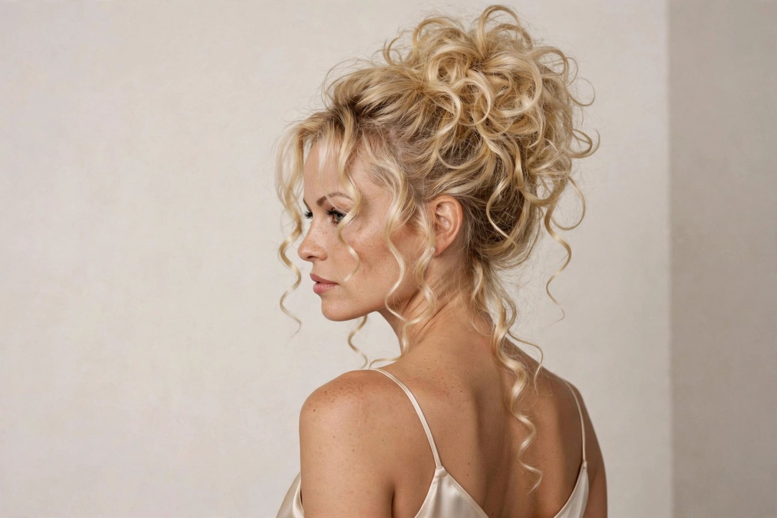 Woman with 90s Pamela Anderson inspired updo, messy high bun with curly tendrils, editorial hair photography
