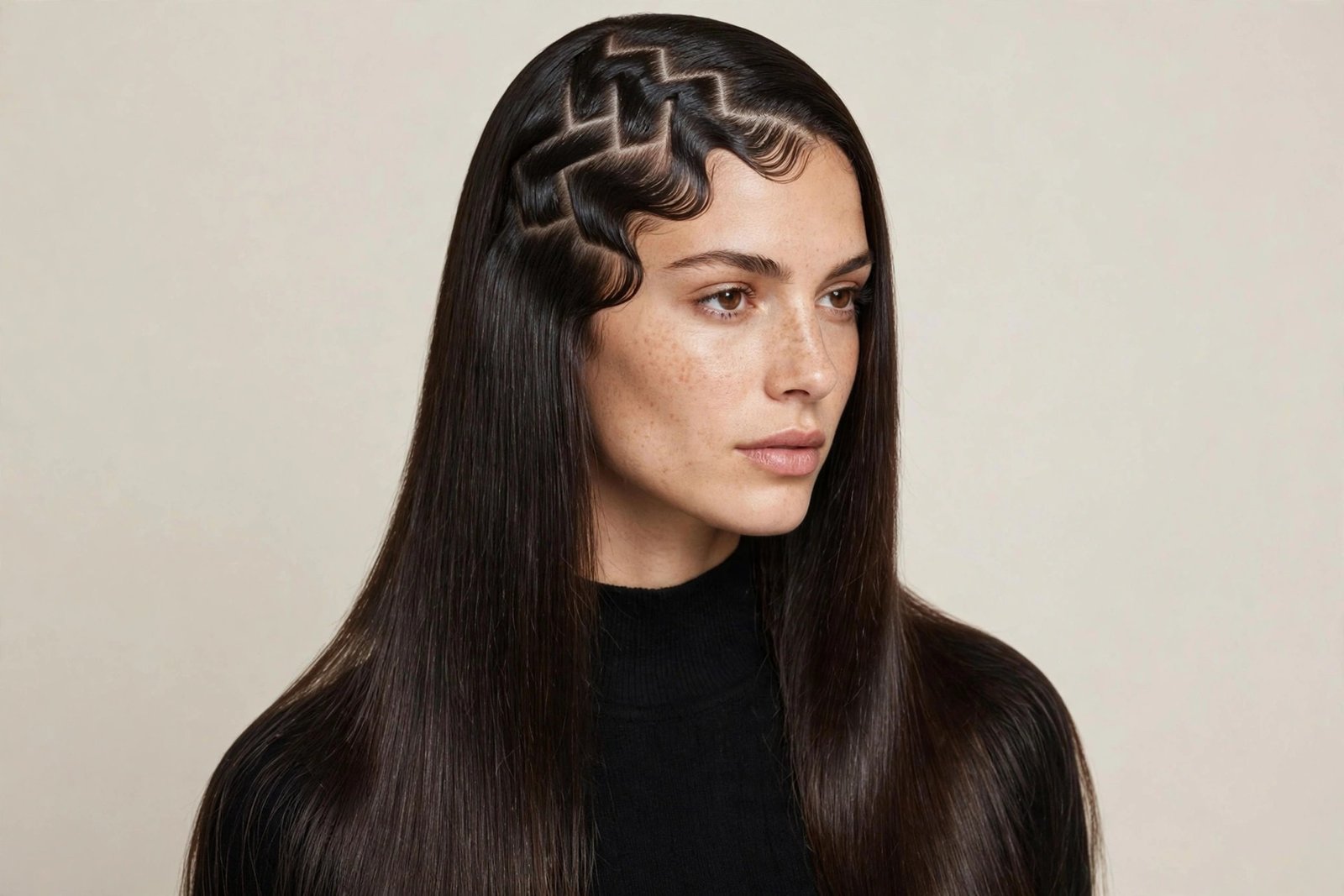 Woman with 90s zigzag part hairstyle, playful zigzag hair parting with sleek hair, editorial hair photography