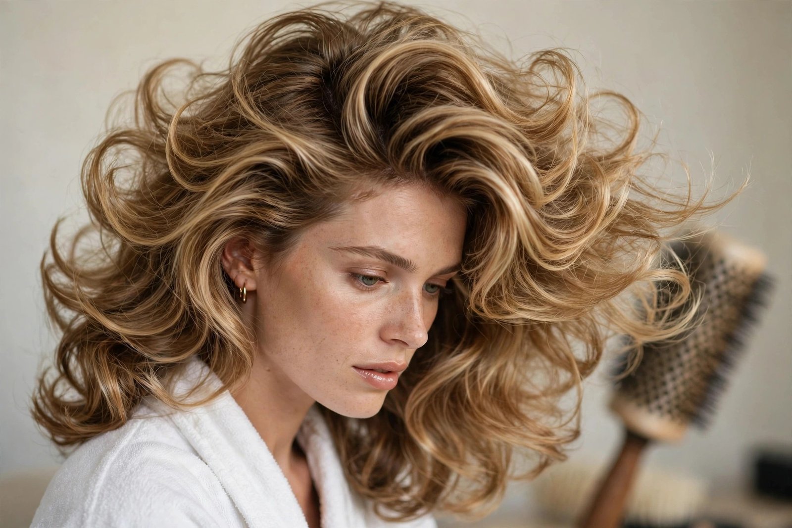 90s-inspired hair styling routine flat lay concept with voluminous blowout hair, editorial photography