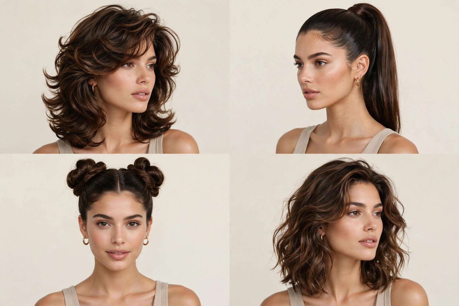 Collection of modernized 90s women's hairstyles — layered blowout, high ponytail, space buns, textured waves