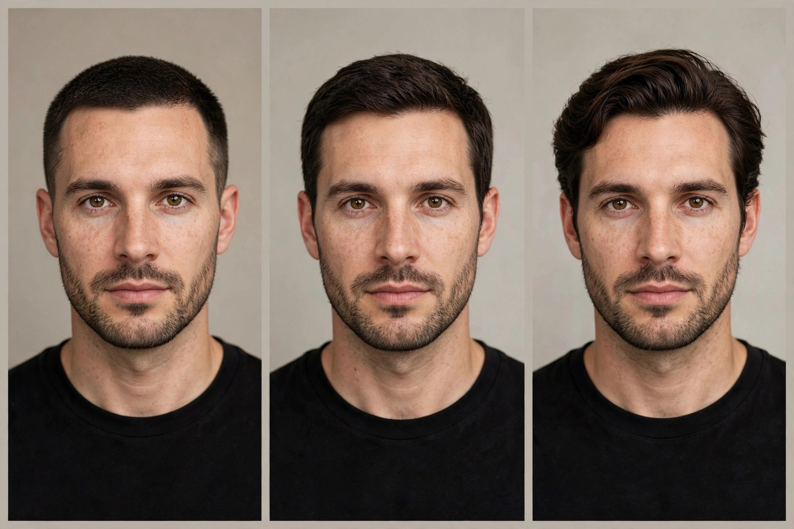 Split timeline collage showing a man's hair growth progression at months 1, 3 and 6, studio photography