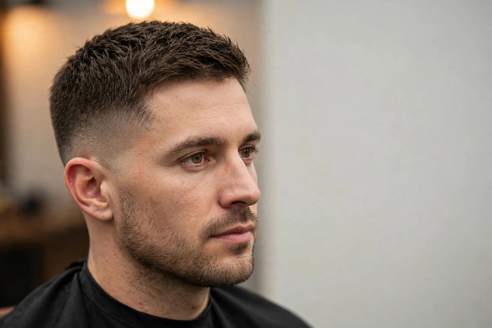 Man with short growing-out hair in a neat textured cut, barbershop photography, hair as hero