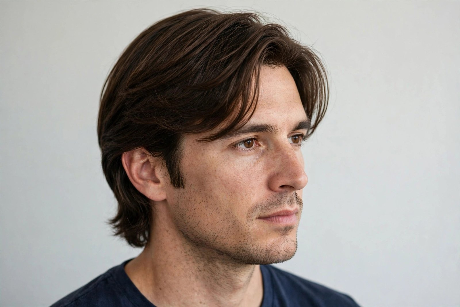 Man with in-between length hair tucked neatly behind ears, three-quarter portrait, clean studio background