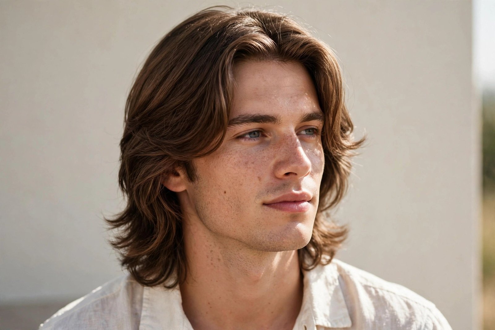 Young man with early curtain hairstyle forming, middle part, medium length hair, lifestyle photography
