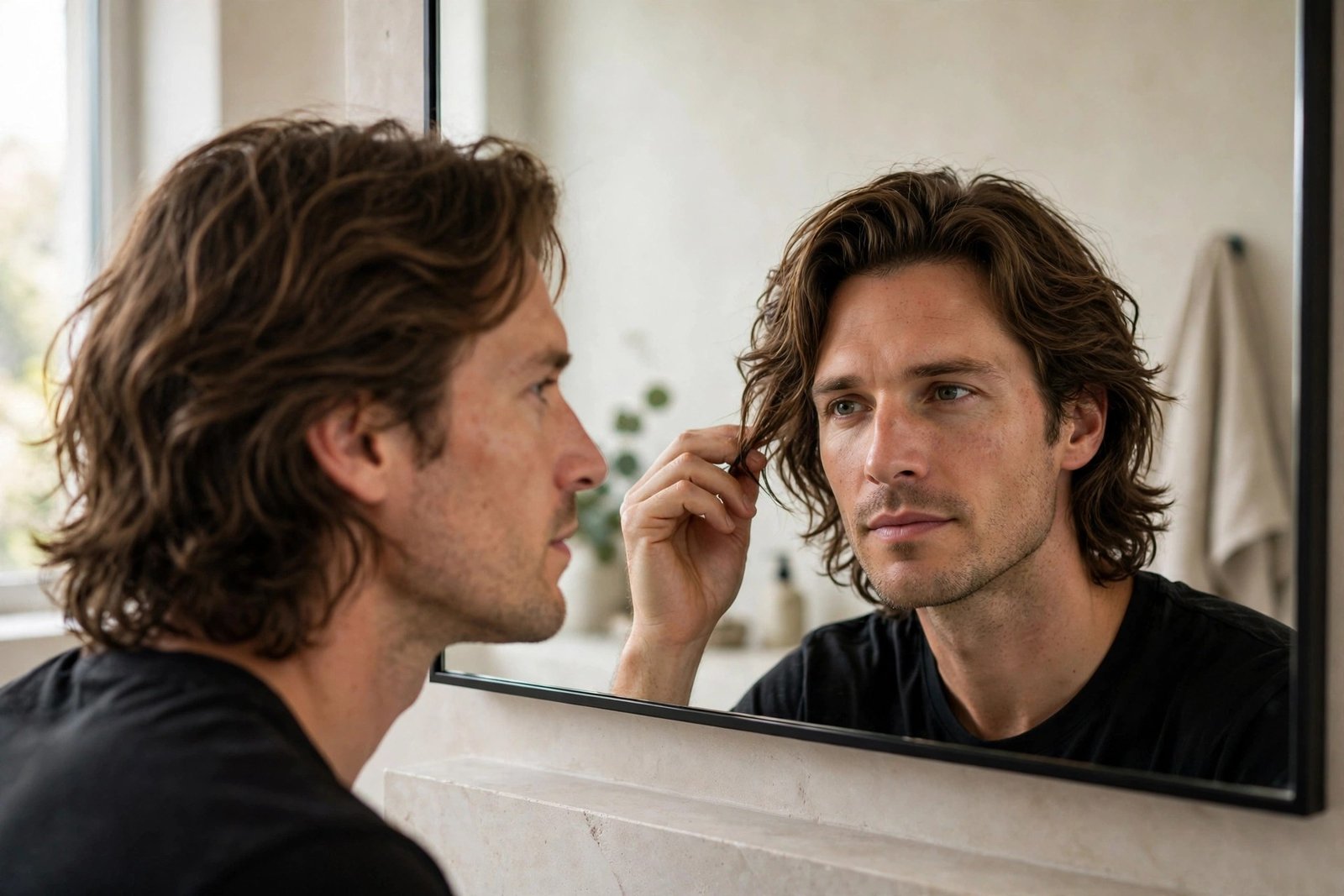 Man looking in a mirror checking his growing hair progress, thoughtful expression, lifestyle photography