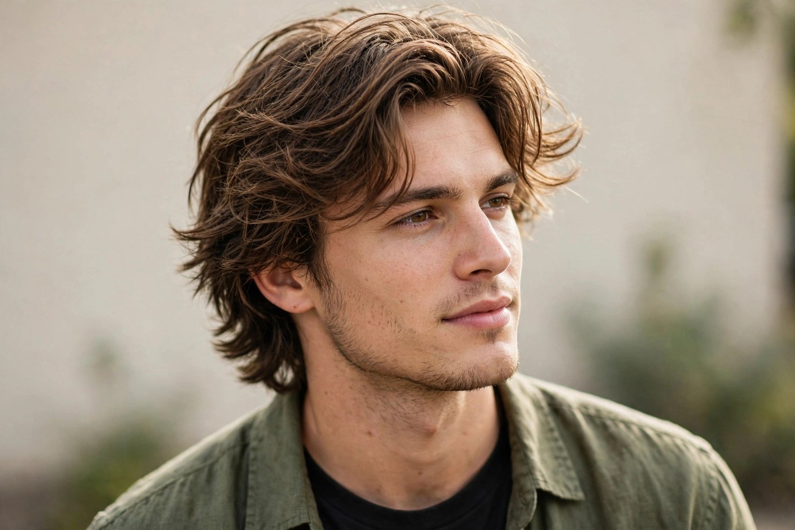 Hero shot of a confident man with medium-length in-between hair looking stylish, hair as the hero, natural light, clean