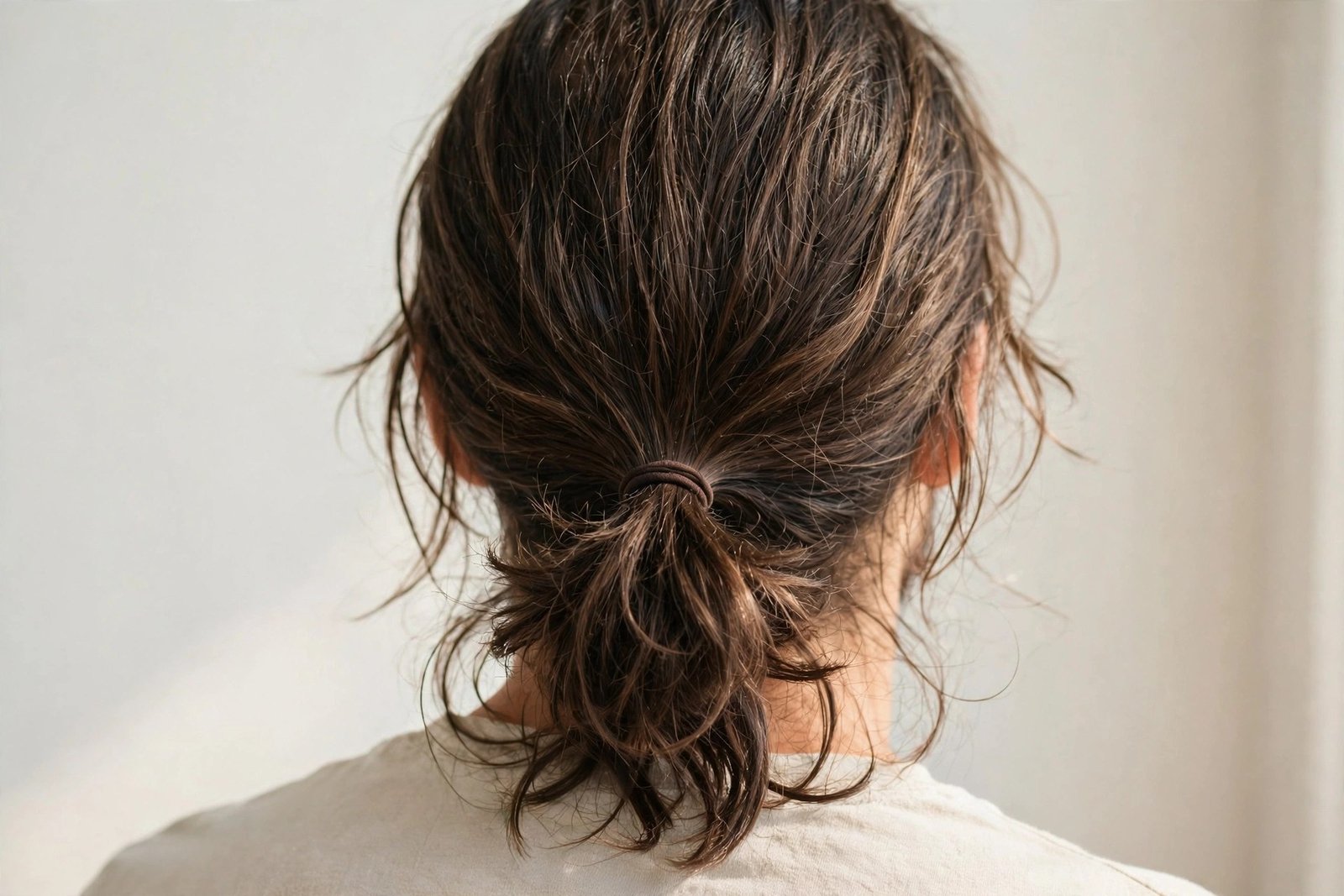 Man with nearly long hair in a loose low ponytail attempt, back view showing growing length, natural light