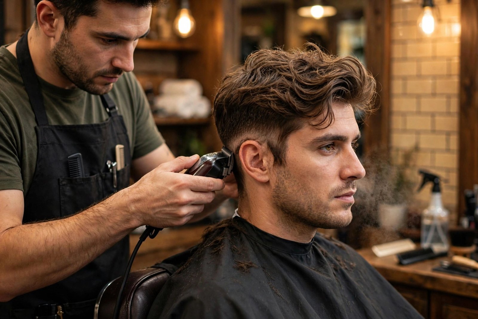 Barber giving a shaping trim to a man growing out his hair, tapering the sides, barbershop photography