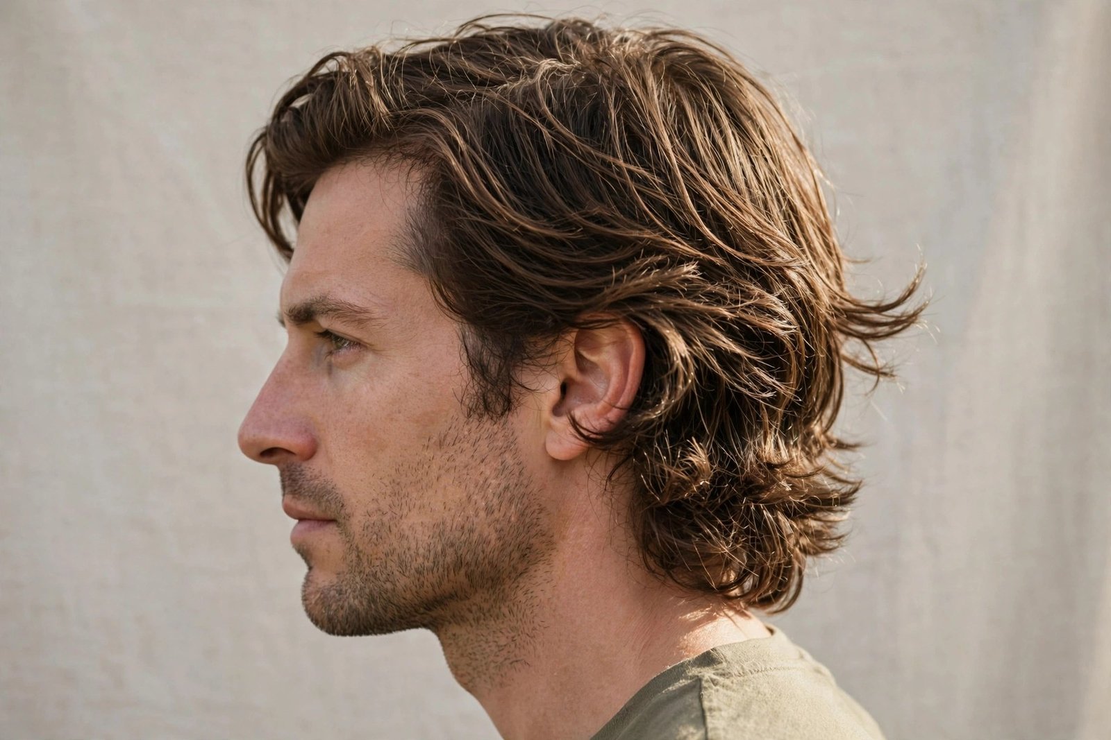 Man with medium in-between length hair showing the classic awkward stage flip at the ears, side profile, natural lightin