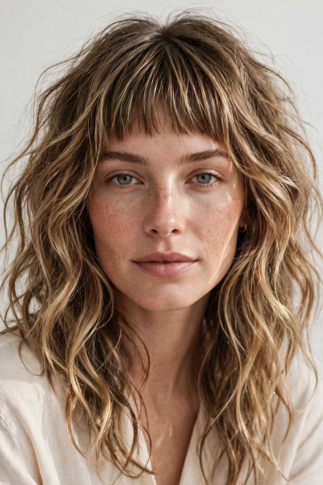 woman with tousled beach waves and baby bangs, relaxed summer hairstyle