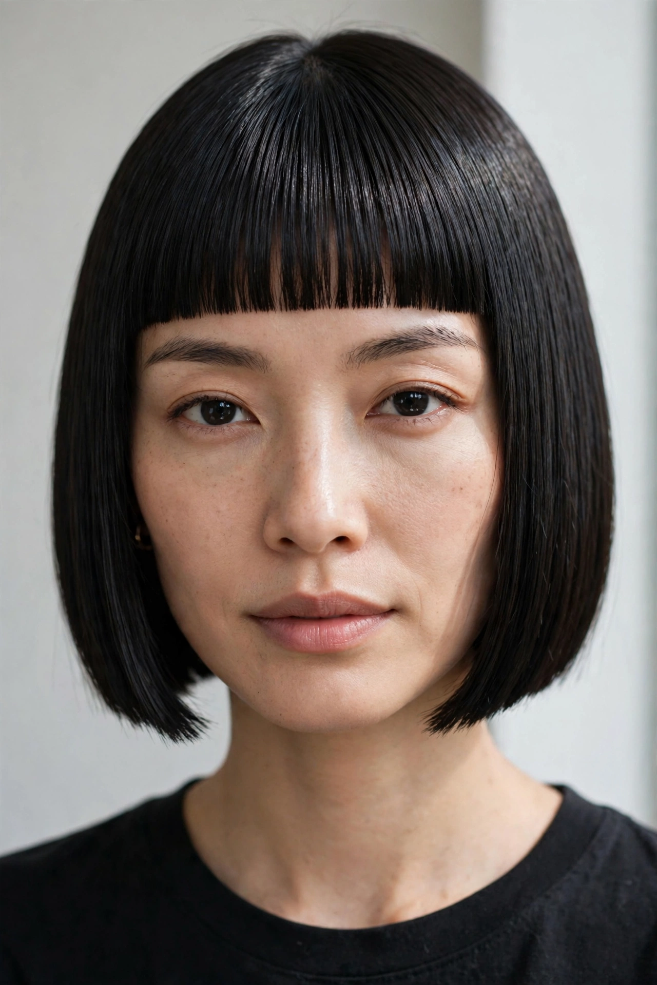 woman with baby bangs and sharp blunt bob, dark glossy hair, clean background