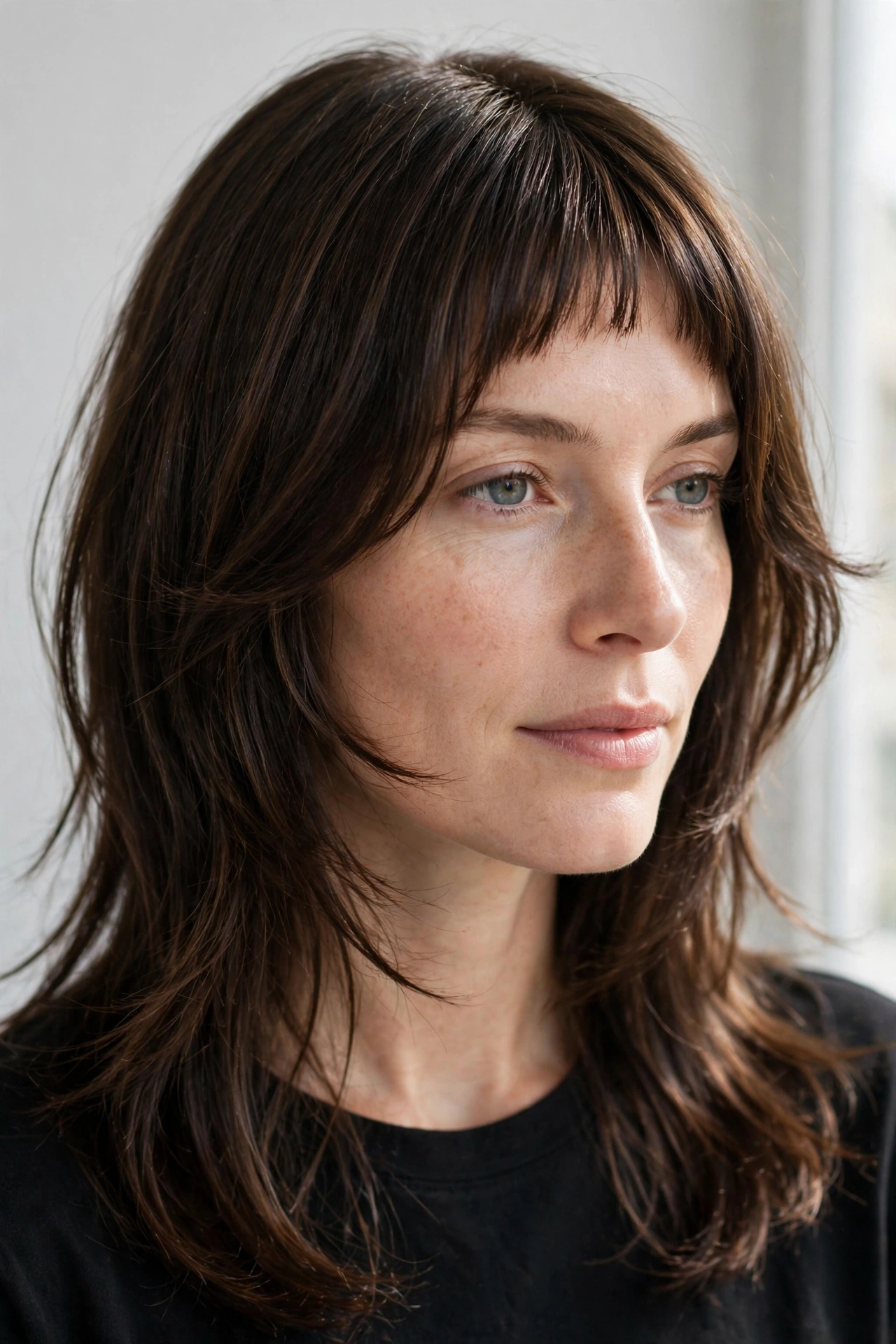 woman with baby bangs and longer curtain face-framing pieces, soft hybrid fringe