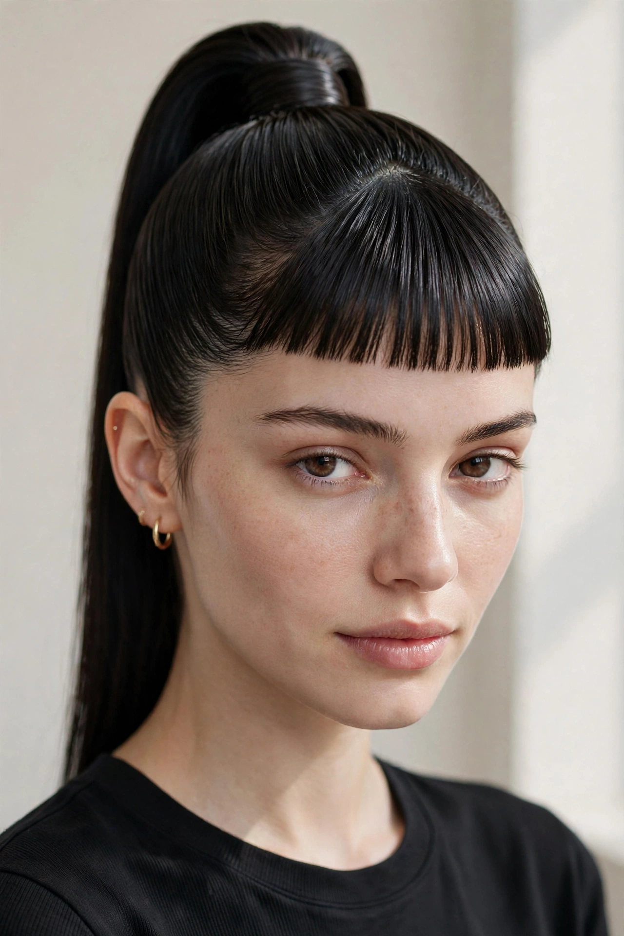 woman with sleek high ponytail and baby bangs, elegant updo style