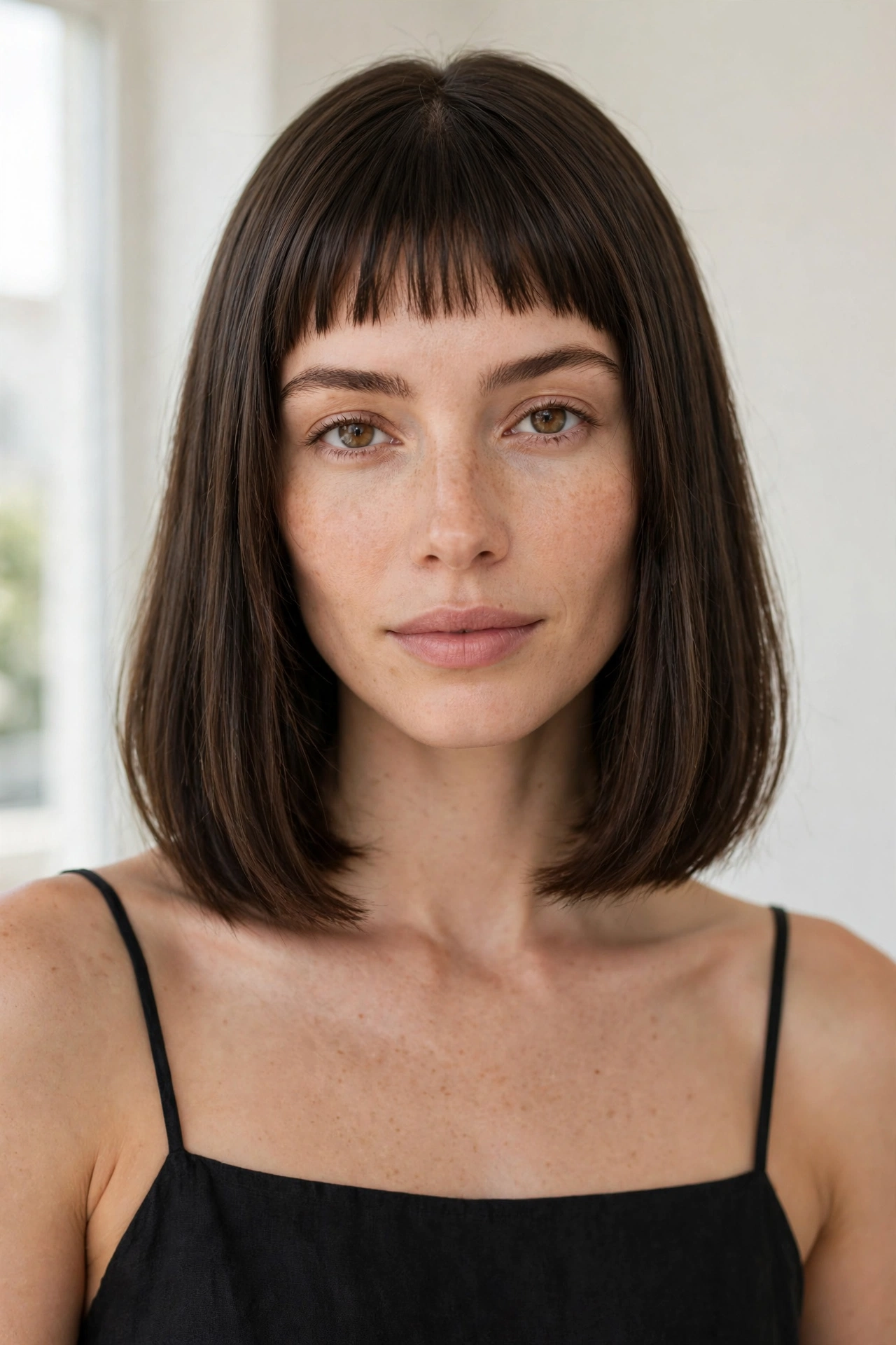 woman with long bob haircut and baby bangs, shoulder-length hair