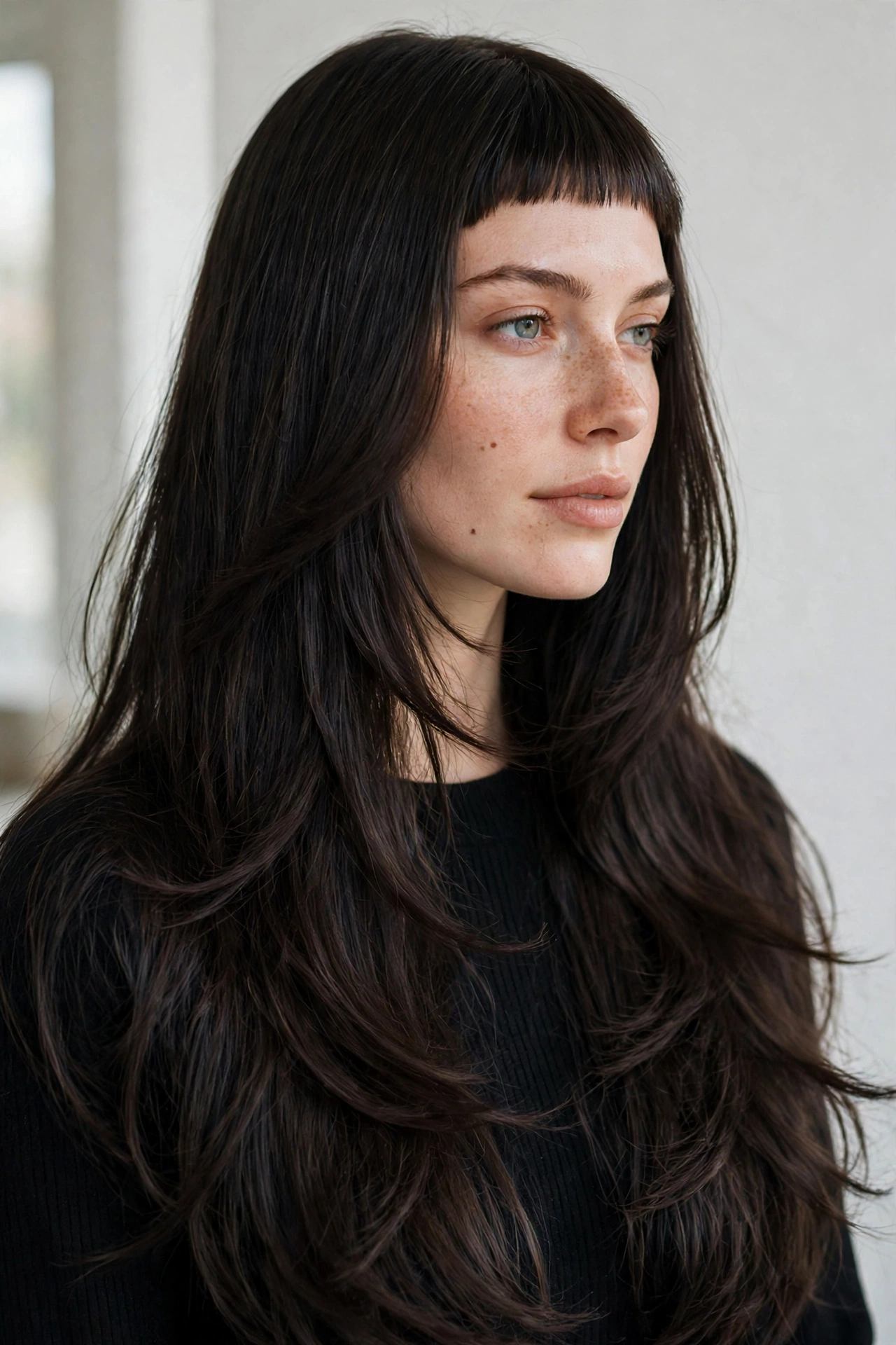 woman with very long hair and short baby bangs, contrast of lengths, natural light