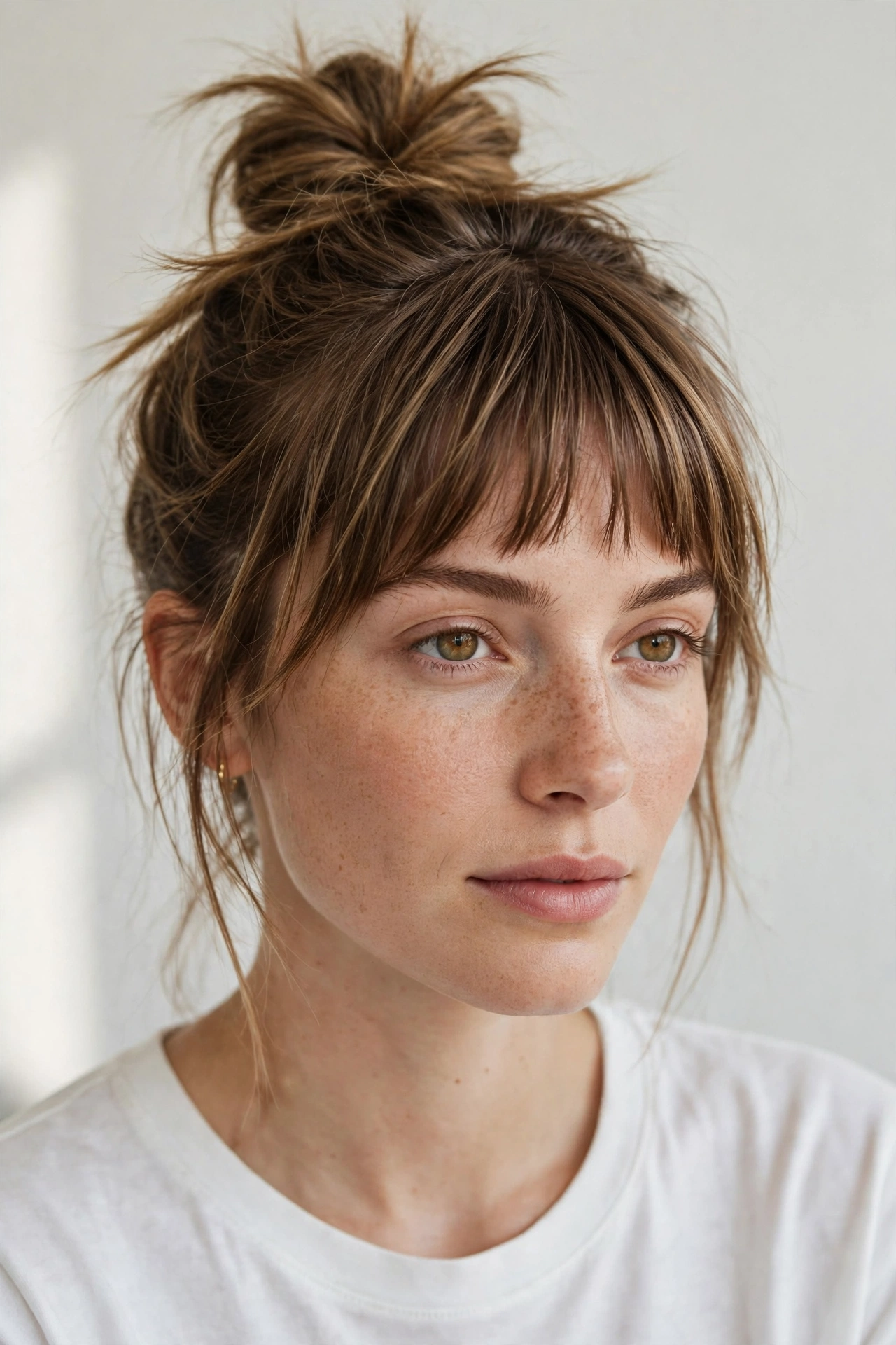 woman with messy top knot bun and baby bangs, casual effortless style