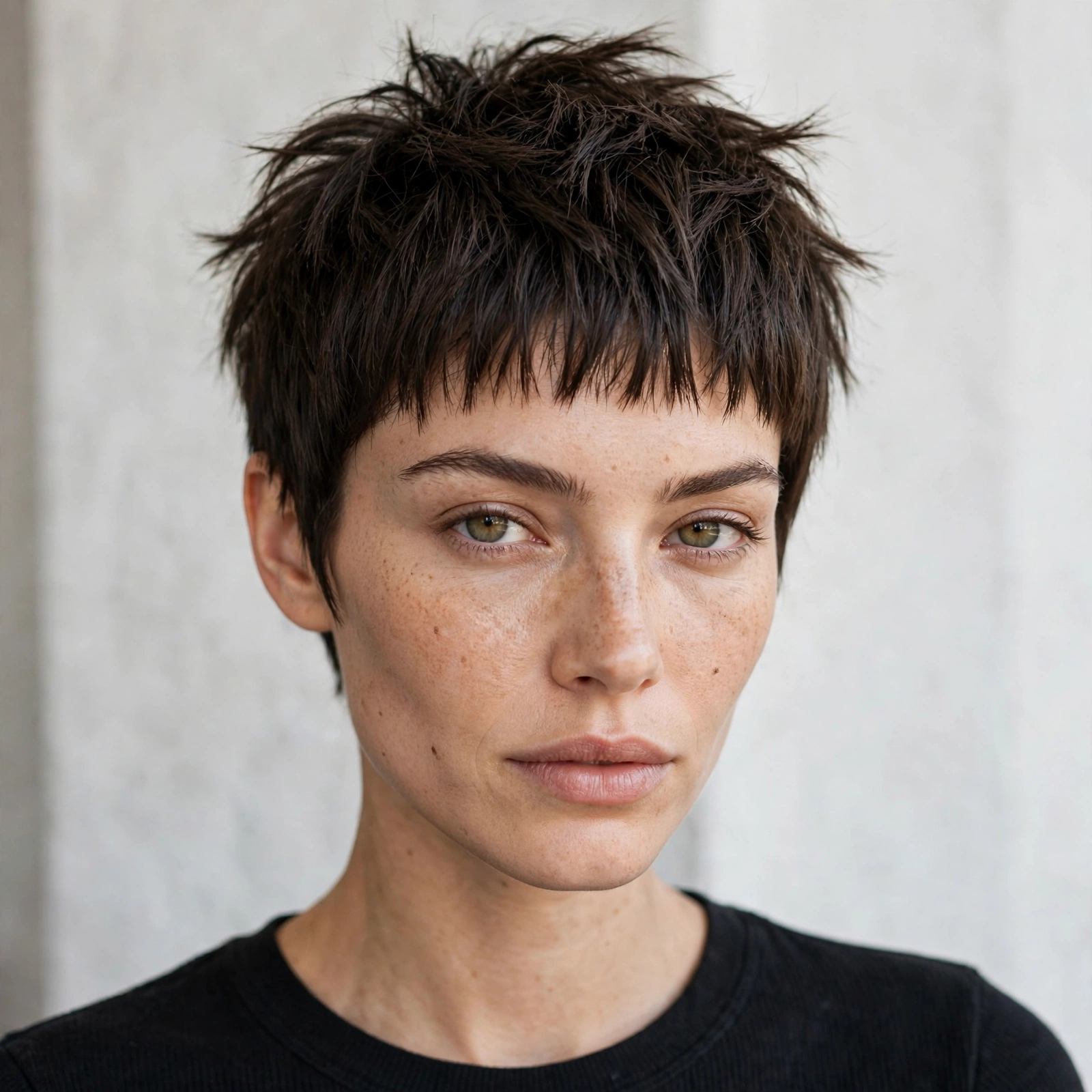 woman with pixie cut and baby bangs, edgy short hairstyle, salon lighting