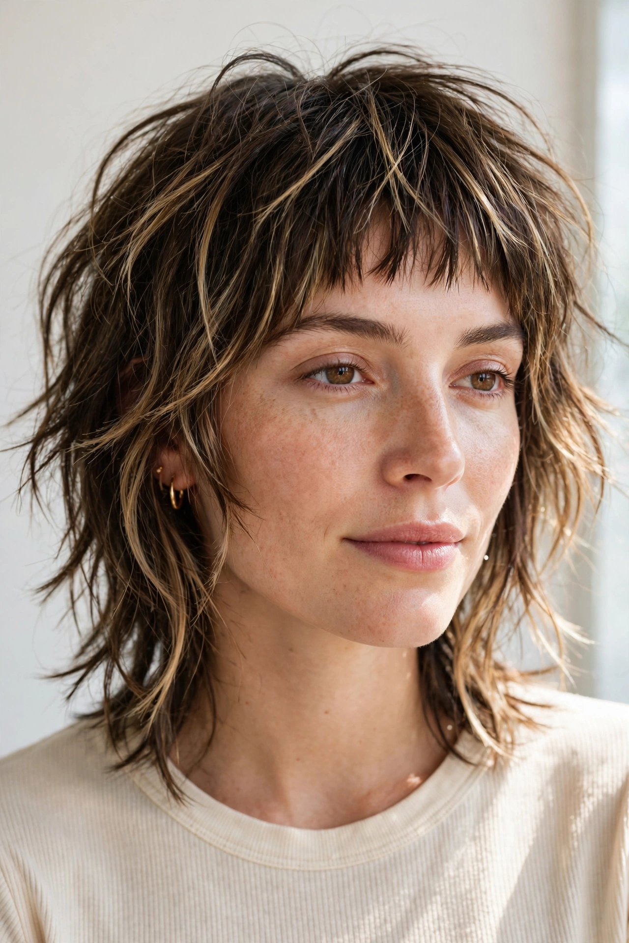 woman with shaggy layered haircut and baby bangs, textured rock-chic style