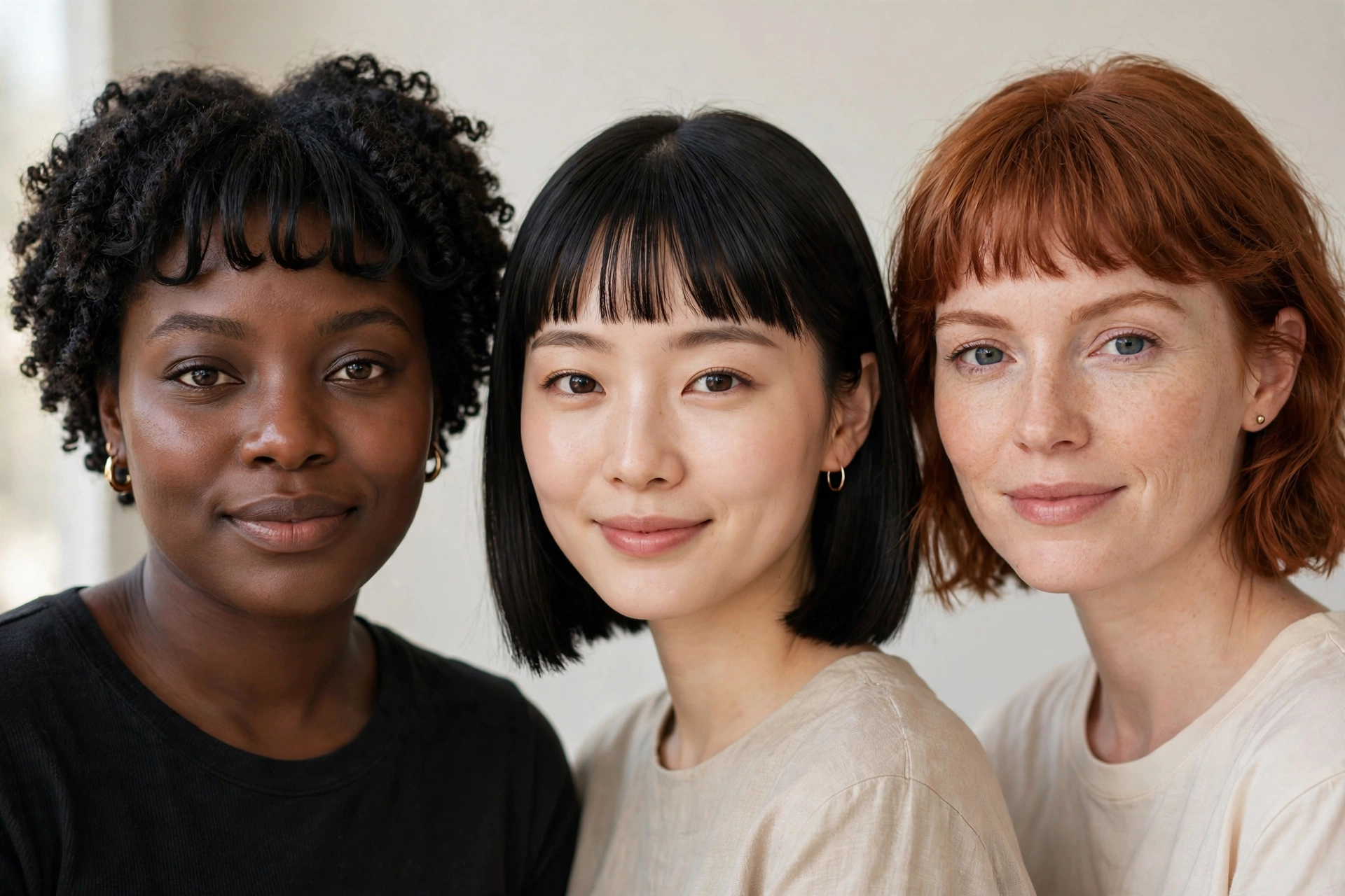 diverse women with different face shapes wearing baby bangs, beauty collage style