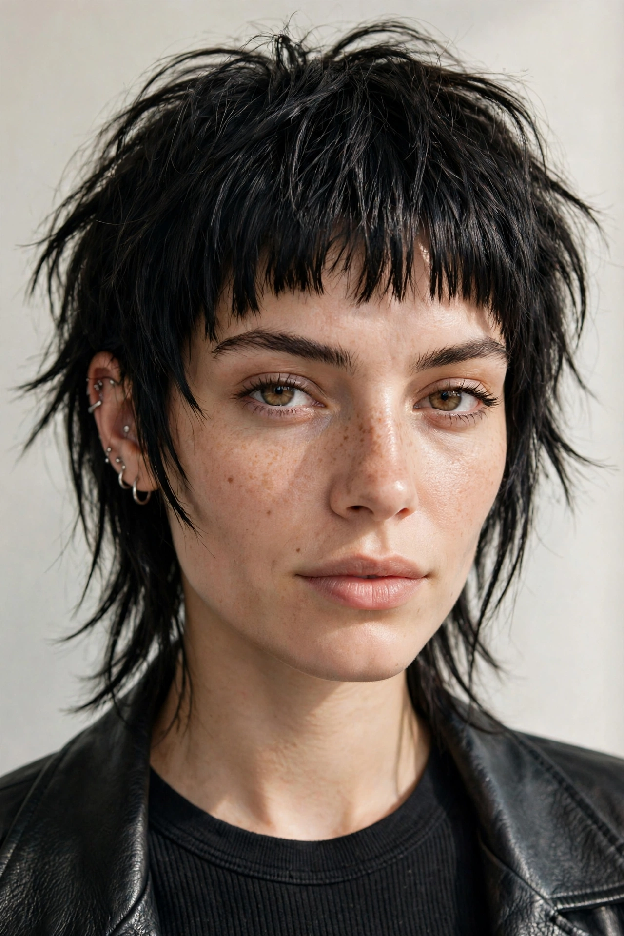woman with choppy textured baby bangs, edgy uneven fringe, urban background