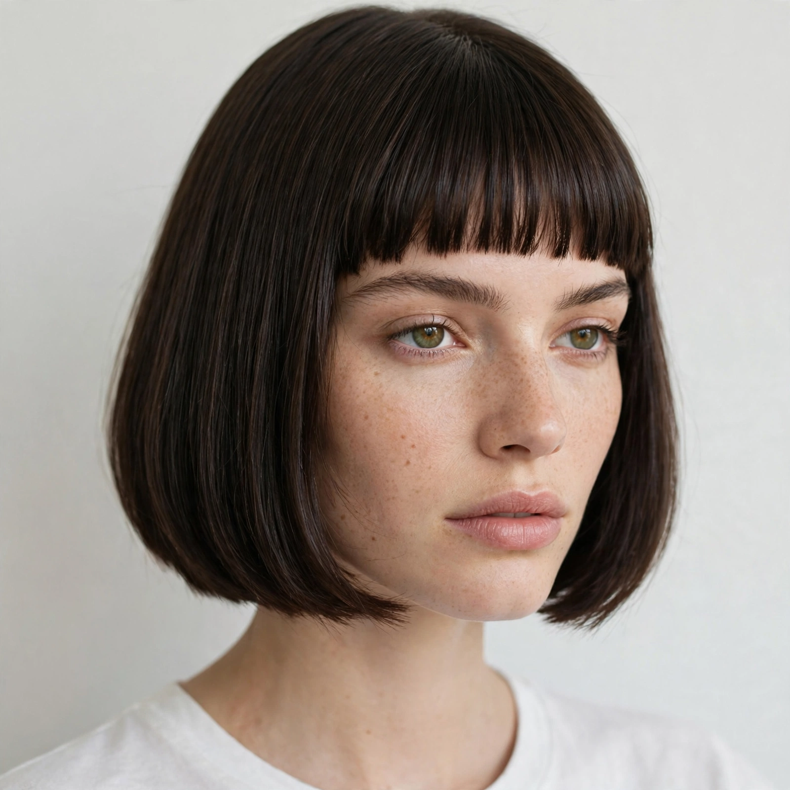 female model with classic straight-across baby bangs, chin-length bob, salon photography