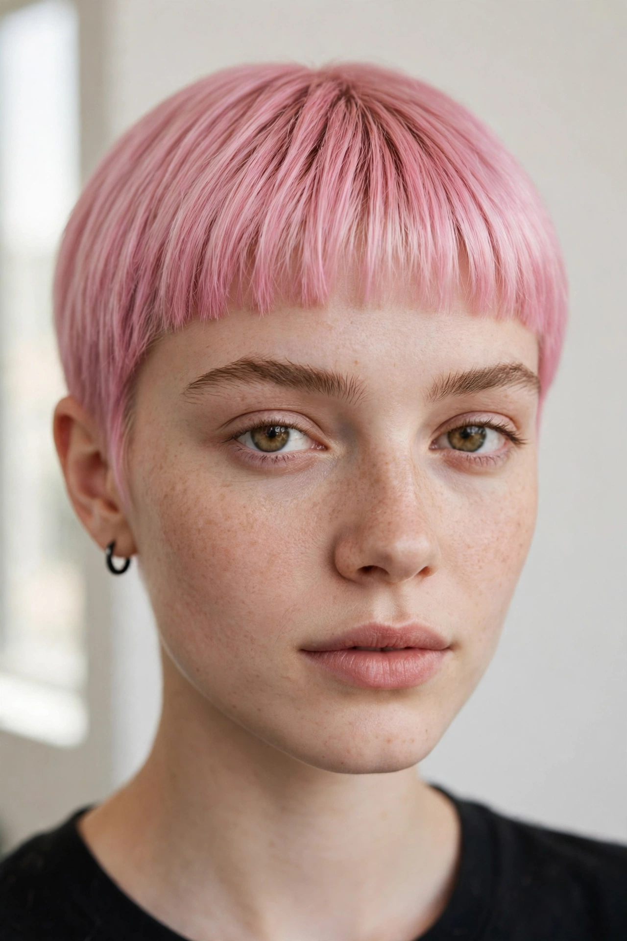 woman with pastel pink colored baby bangs, bold fashion hair color