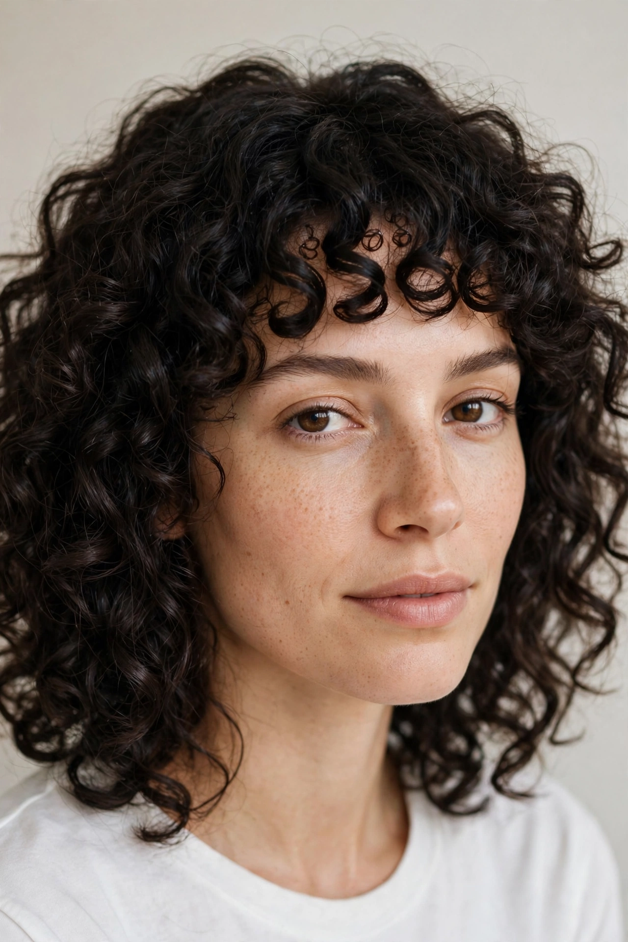 woman with curly hair and short curly baby bangs, defined curls, natural light