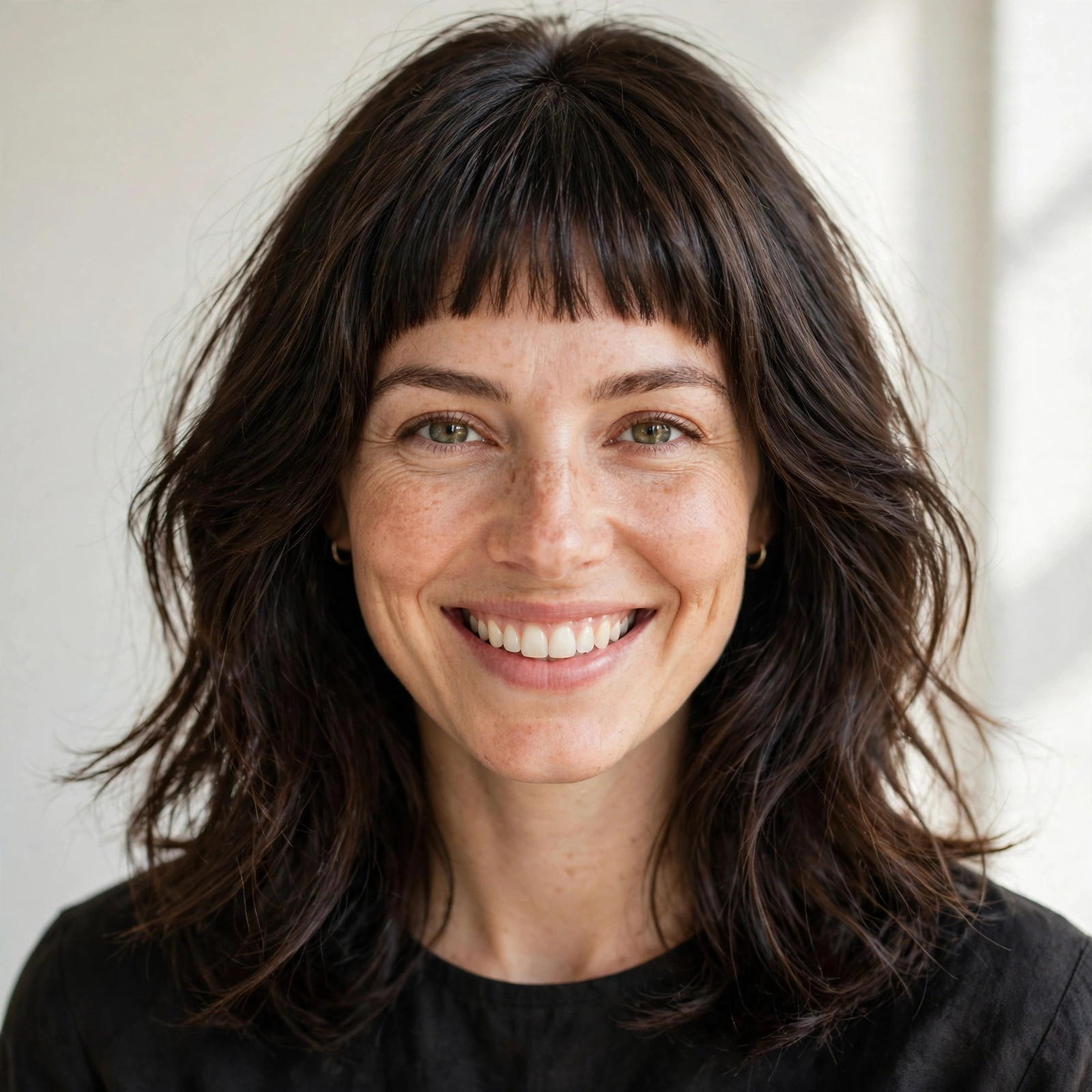 woman with baby bangs smiling at camera, friendly approachable portrait
